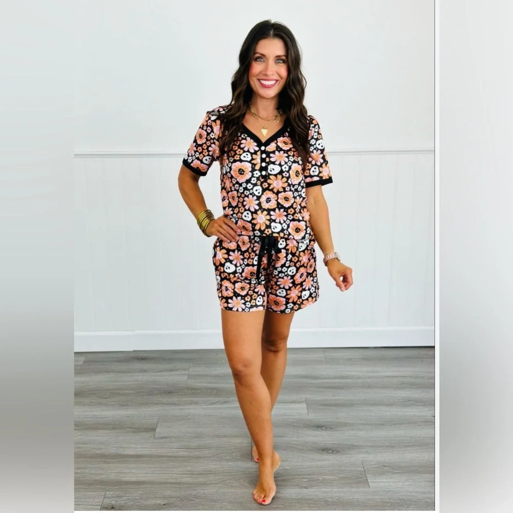 Shirley & Stone Boho Floral Skeleton Short With Short Sleeve Pajama Set Size 2xl